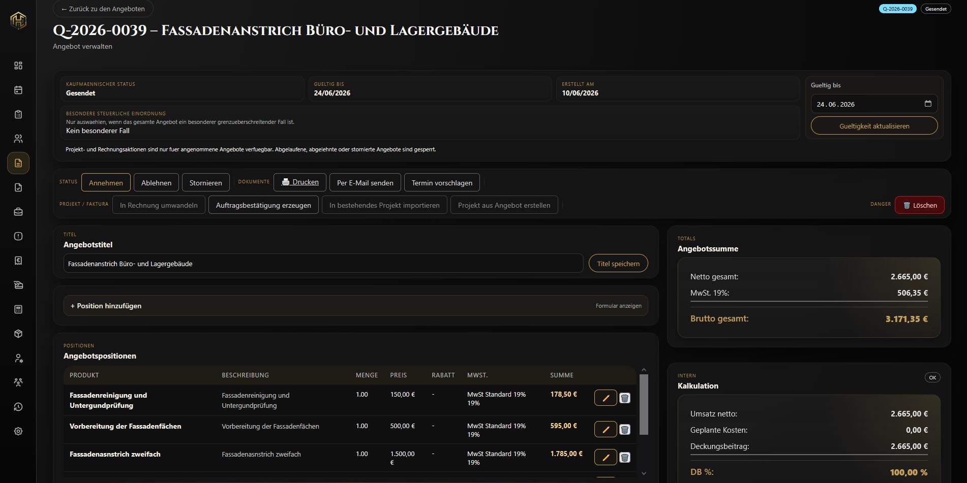 Screenshot der Angebotserstellung in Haegent Core mit Positionen, Preisen und Kundenzuordnung.