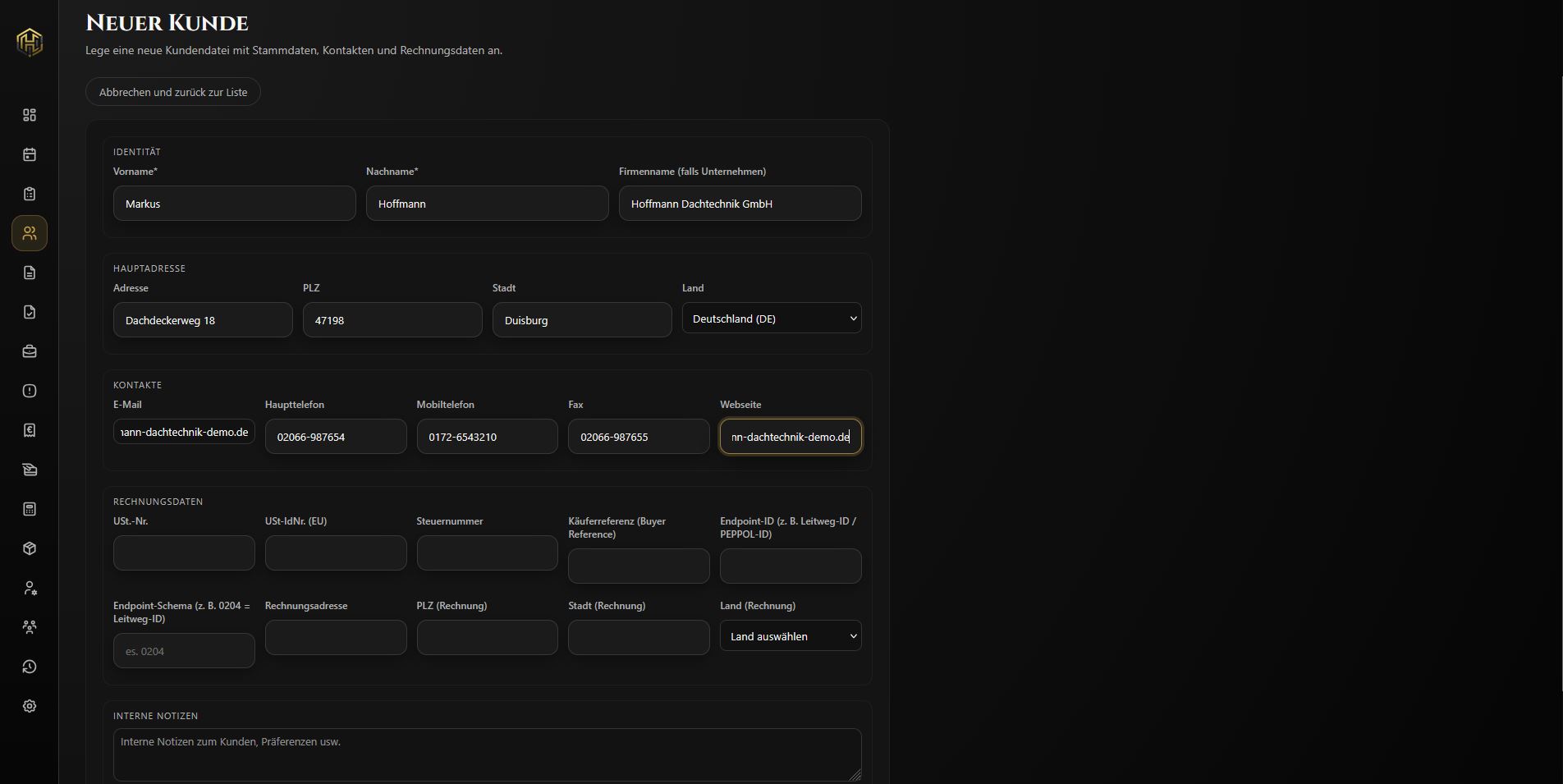Screenshot der Kundenverwaltung in Haegent Core beim Anlegen eines neuen Kunden.