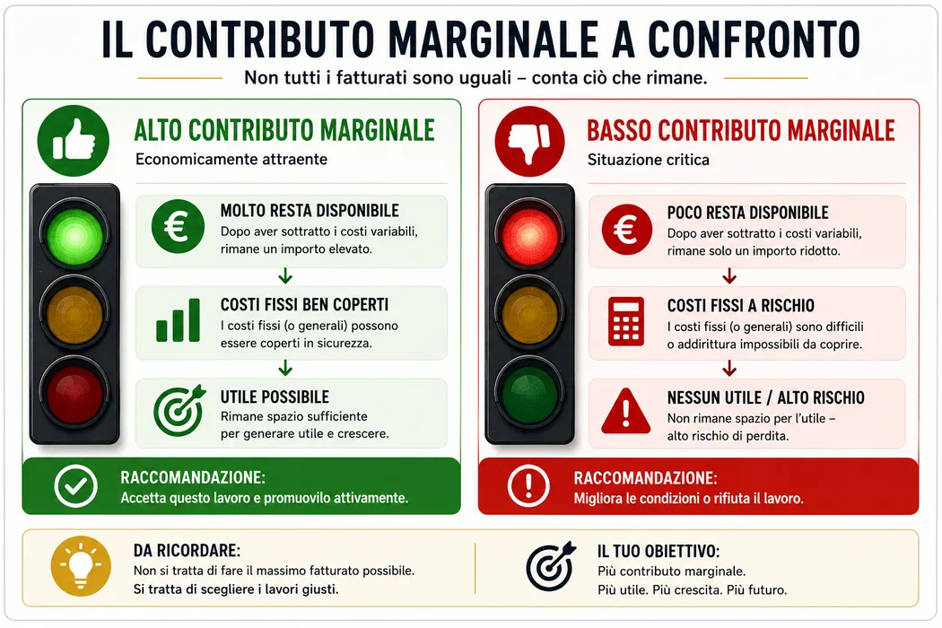 Confronto tra lavoro A e lavoro B per fatturato, costi variabili e contributo marginale