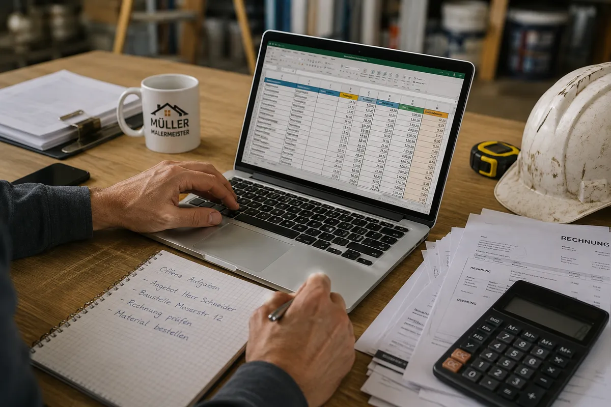 Handwerksbetrieb organisiert Kunden, Rechnungen und Baustellen mit Excel und Papierunterlagen.