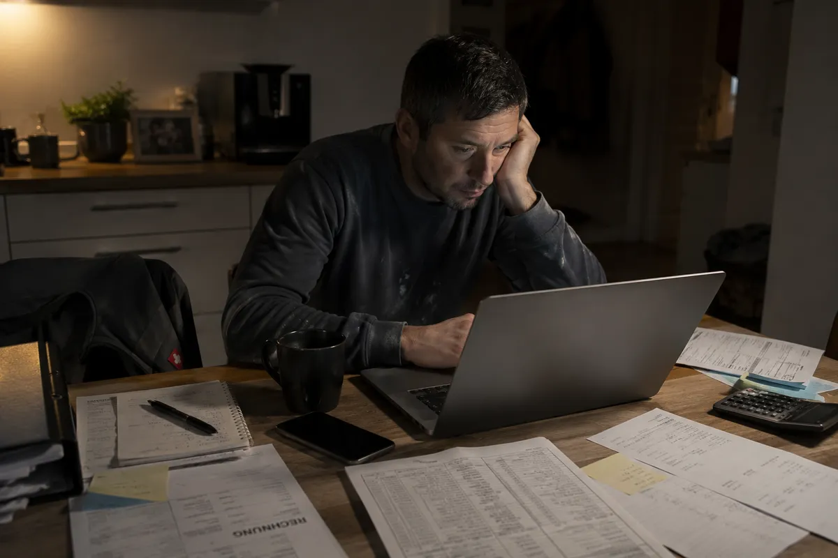 Handwerker sitzt abends am Küchentisch und erledigt Büroarbeit mit Laptop, Rechnungen und Unterlagen.