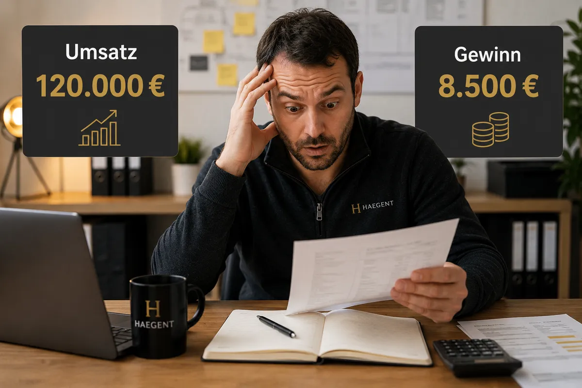 Handwerksunternehmer vergleicht Umsatz und Gewinn und erkennt die geringe Profitabilität eines vollen Auftragsbuchs