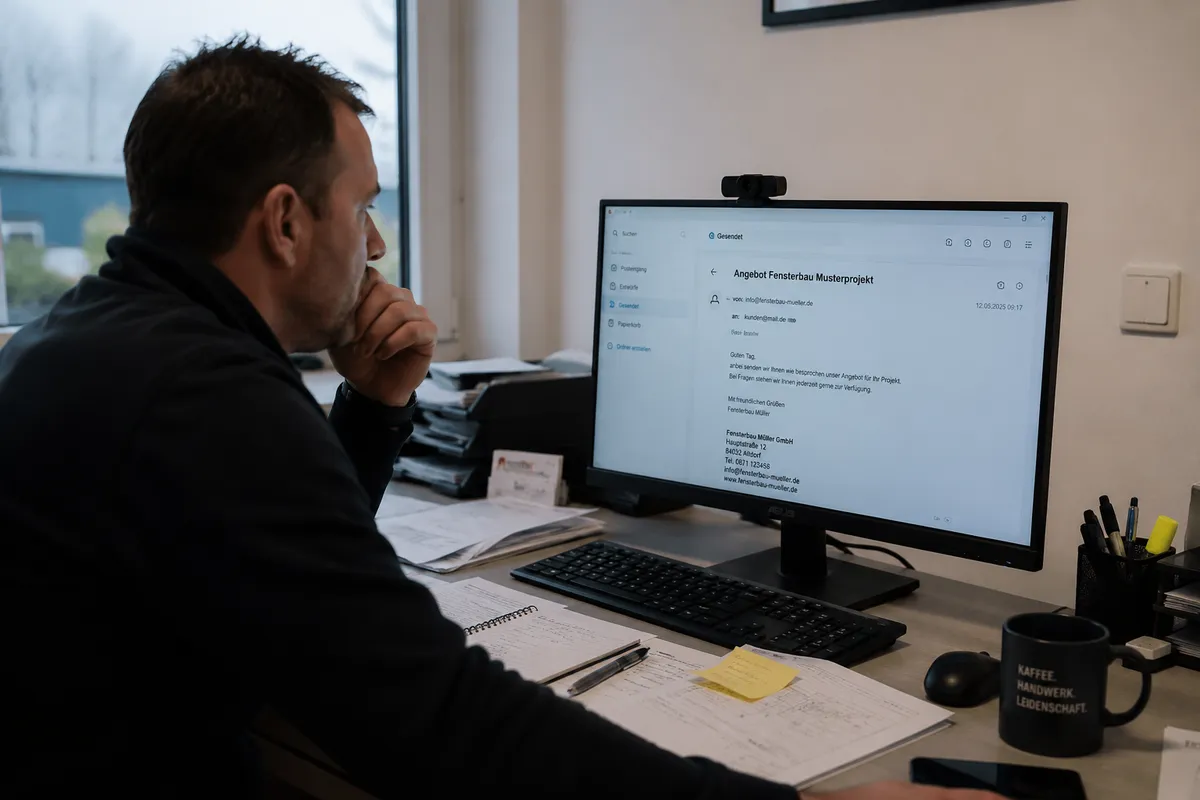 Handwerksunternehmer prüft ein versendetes Angebot am Computer und wartet auf die Rückmeldung des Kunden.