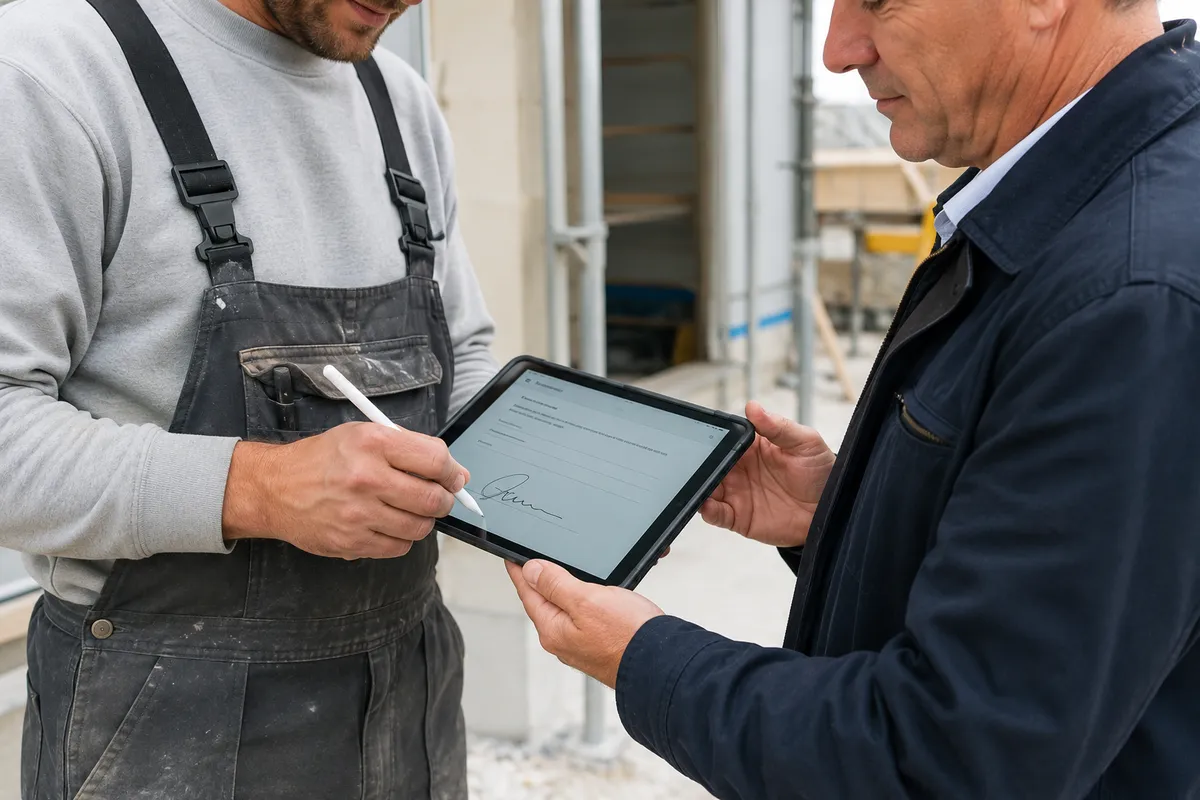 Handwerker dokumentiert Zusatzarbeiten per digitaler Unterschrift auf einem Tablet.